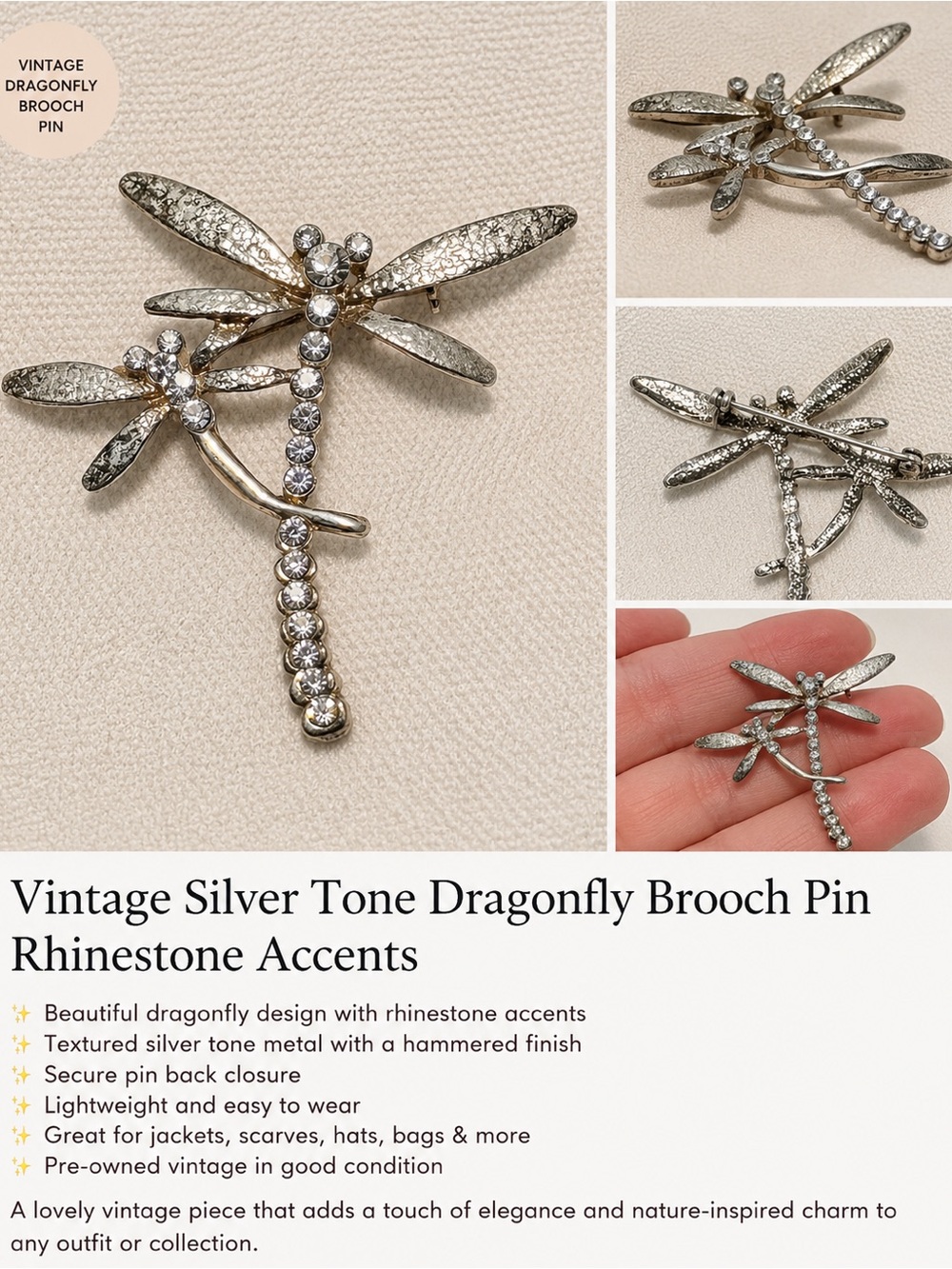Vintage Silver Tone Dragonfly Brooch Pin with Rhinestones